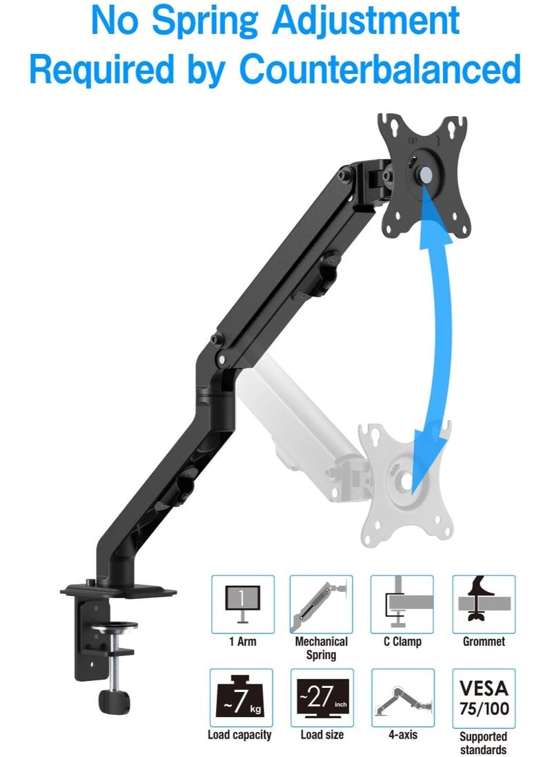 Single Monitor Mount, Adjustable Mechanical Monitor Arm, Swivel Vesa fits for 17-27 inch, max Load 15.5 lbs