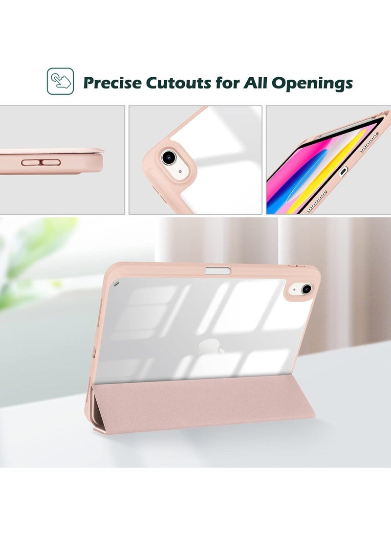 iPad 10.9 Inch 10th Gen Case with Pencil Holder 2022 Clear Transparent Back Shell Trifold Protective cover Shockproof Cover for 2022 iPad 10th Gen A2696 A2757 A2777 Pink