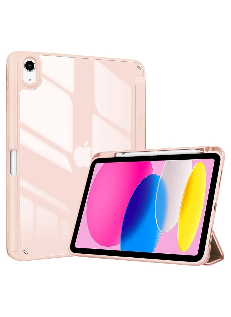 iPad 10.9 Inch 10th Gen Case with Pencil Holder 2022 Clear Transparent Back Shell Trifold Protective cover Shockproof Cover for 2022 iPad 10th Gen A2696 A2757 A2777 Pink