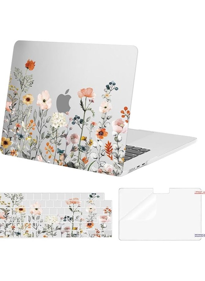 Compatible with MacBook Air 15 inch Case 2024 2023 2022 M3 A3114 A2941 M2 Chip with Touch ID, Plastic Garden Flowers Hard Shell Case & Keyboard Cover Skin & Screen Protector, Transparent