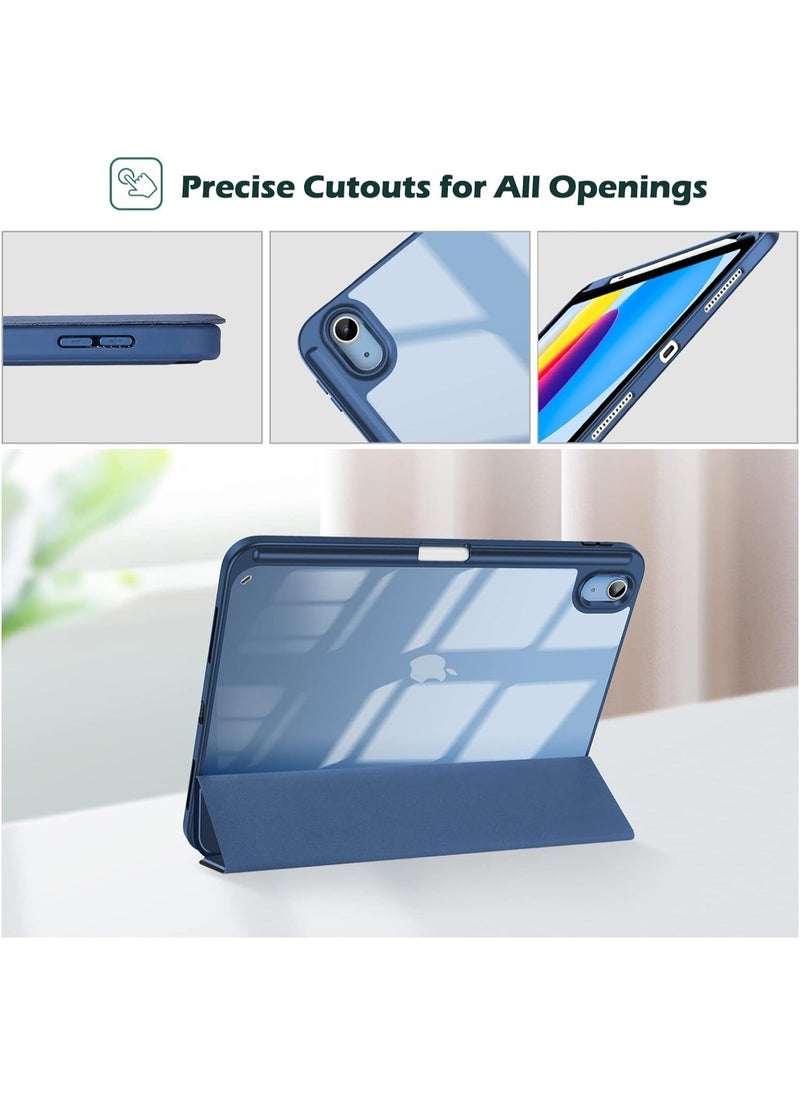 iPad 10.9 Inch 10th Gen Case with Pencil Holder 2022 Clear Transparent Back Shell Trifold Protective cover Shockproof Cover for 2022 iPad 10th Gen A2696 A2757 A2777 Navy Blue