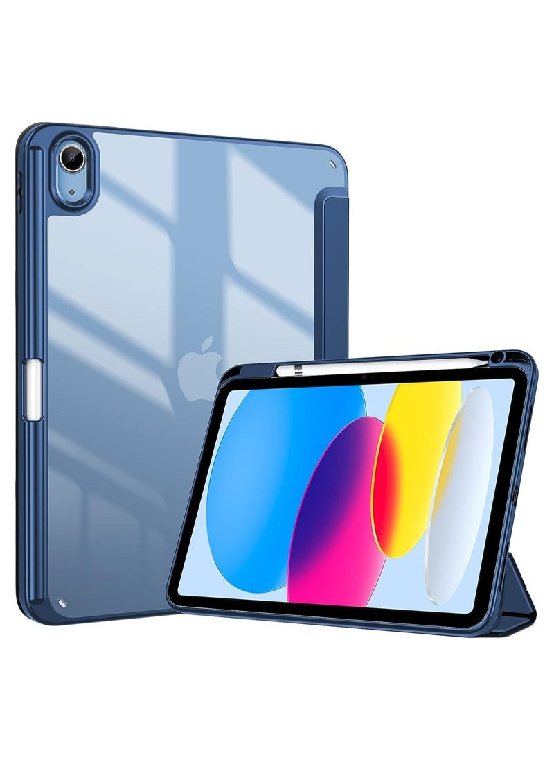 iPad 10.9 Inch 10th Gen Case with Pencil Holder 2022 Clear Transparent Back Shell Trifold Protective cover Shockproof Cover for 2022 iPad 10th Gen A2696 A2757 A2777 Navy Blue