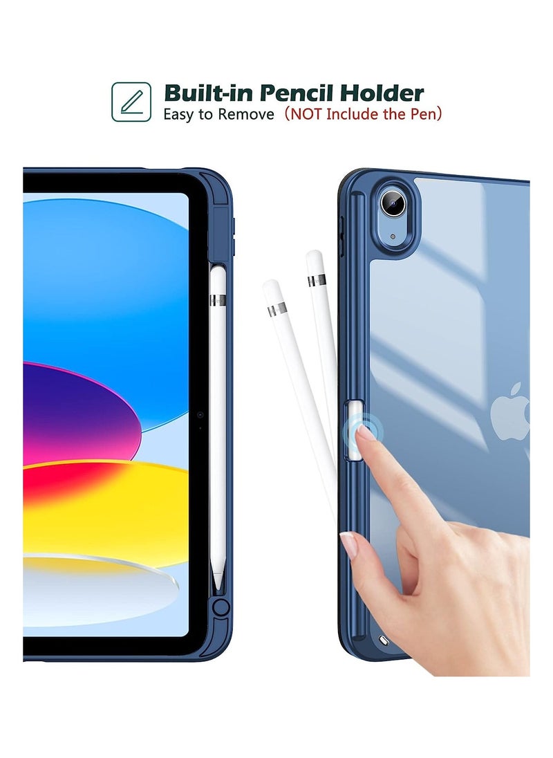 iPad 10.9 Inch 10th Gen Case with Pencil Holder 2022 Clear Transparent Back Shell Trifold Protective cover Shockproof Cover for 2022 iPad 10th Gen A2696 A2757 A2777 Navy Blue