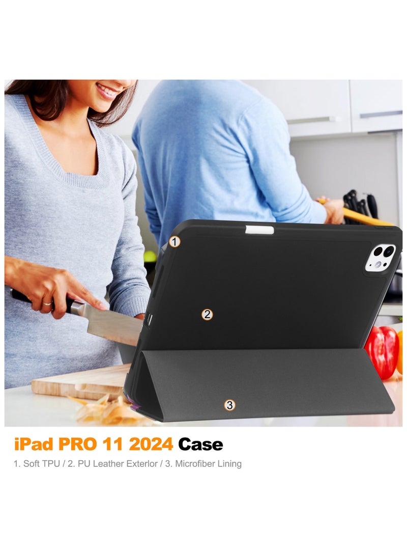 Compatible With iPad Pro 11 Case (M4) 2024 With Pencil Holder , Smart Trifold Stand, Auto Wake Sleep (Black)