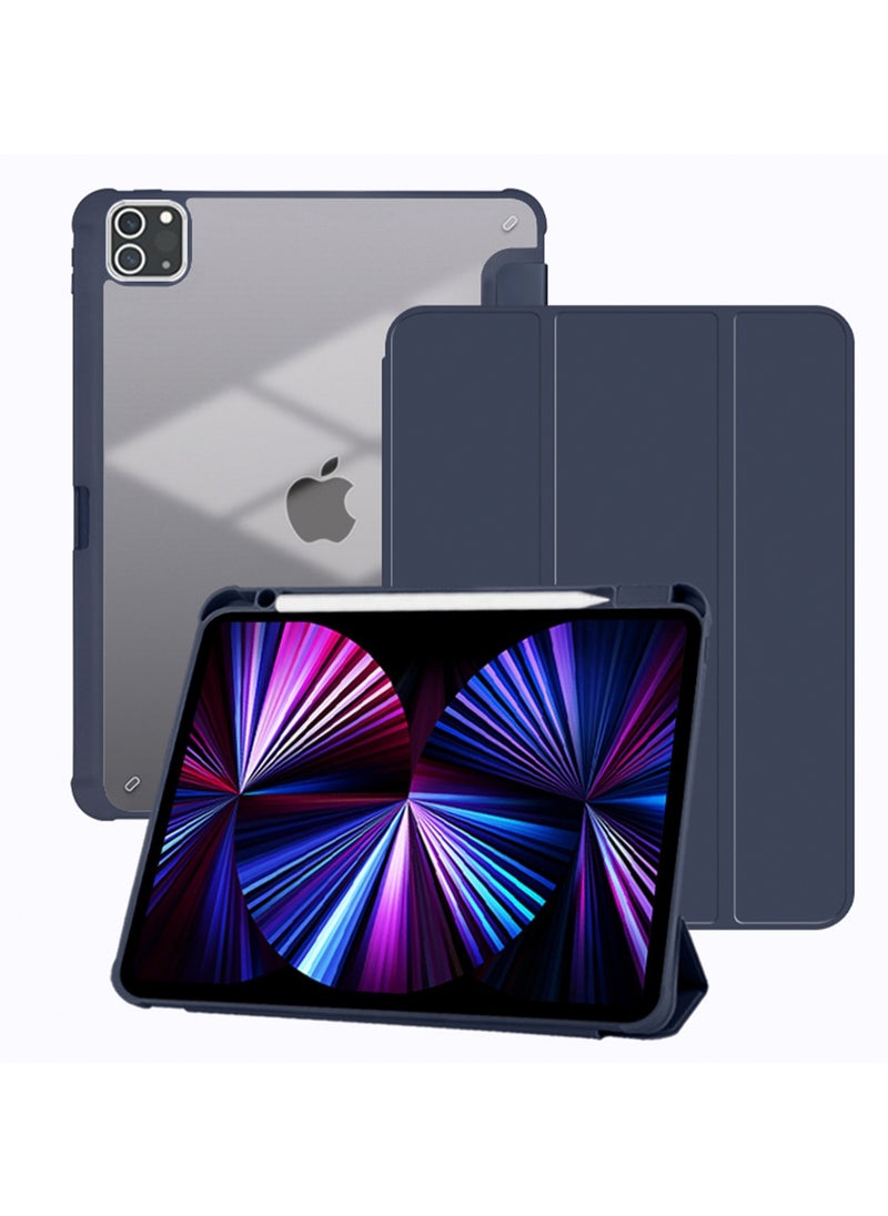 Applicable To 2024 Air6 Generation-11 Inch Protective Case, Stylish And Simple Transparent Smart Ipad Protective Case, Acrylic Hard Case With Pen Slot, Three-Fold Style, With Automatic Sleep Wake-Up, Shockproof And Drop-Proof Function,(Dark Blue)