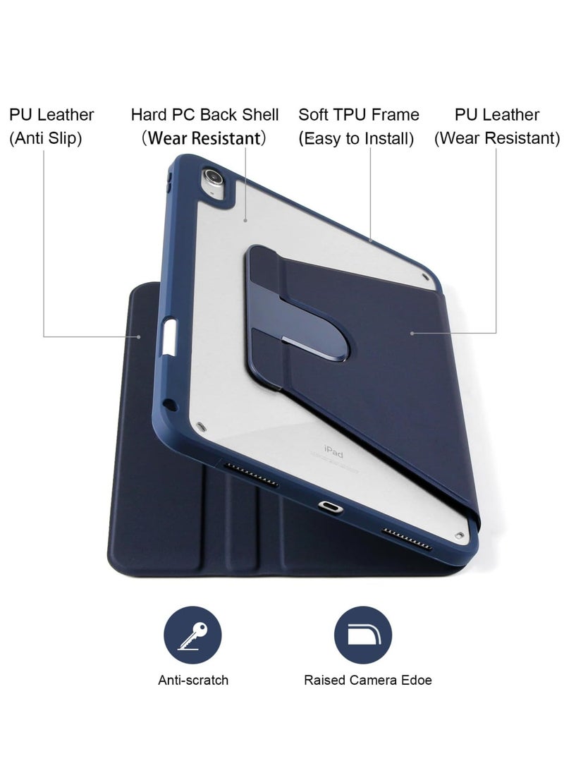 Rotating Case for iPad 10 (10.9-Inch, 2022 Model, 10th Generation) with Pencil Holder, 360 Degree Rotation Protective Stand Cover Clear Back, Auto Wake/Sleep (Dark Blue)