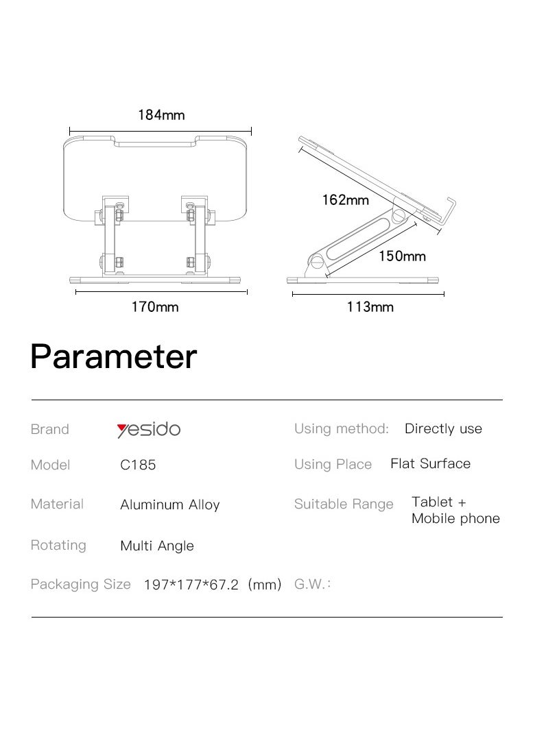 Yesido C185 Adjustable Height Foldable Desktop Stand for Tablets, Laptops, and Phones, Multi-Angle 720° Rotating Aluminum Alloy Holder with Aircooled Design