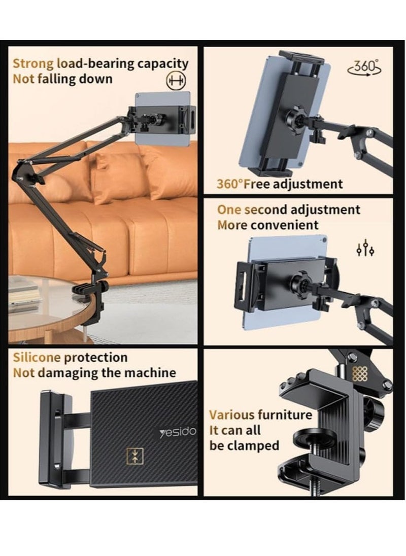 New Multi Adjustable Lazy Stand - Aluminum Alloy Desktop Holder for Tablets and Phones with Dual Slot Clamp, 3KG Heavy Metal Base