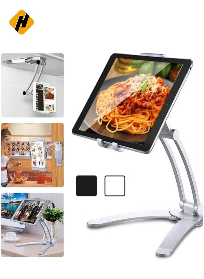 Kitchen Tablet Stand Wall Mount Adjustable, Stand 2-in-1 Kitchen Wall/Tabletop Desktop Mount Recipe Holder Stand for 4-11 Inch iPad Air Mini, iPhone 14 PRO Max XR X 6 7 8 Plus More Tablets (White)