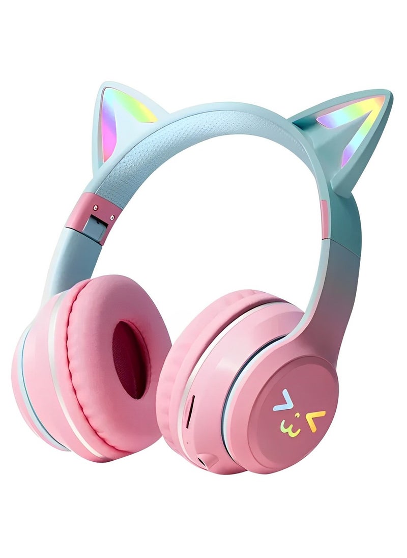 Cat Ear Headphones, Kids Bluetooth Headphone with Microphone, Foldable in your travel bag Comfortable and Adjustable Wireless/Wire Over Ear Headset for Girls and boys Teenagers (PINK)