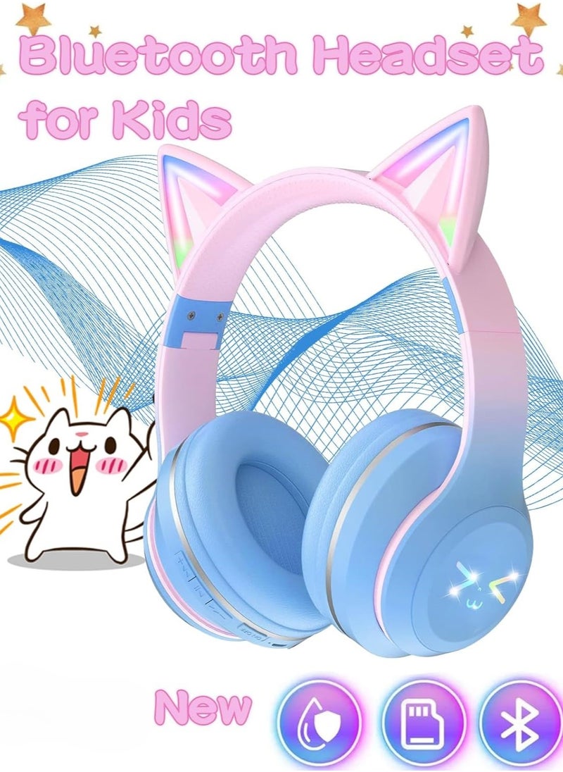 Cat Ear Headphones, Kids Bluetooth Headphone with Microphone, Foldable in your travel bag Comfortable and Adjustable Wireless/Wire Over Ear Headset for Girls and boys Teenagers (BLUE)