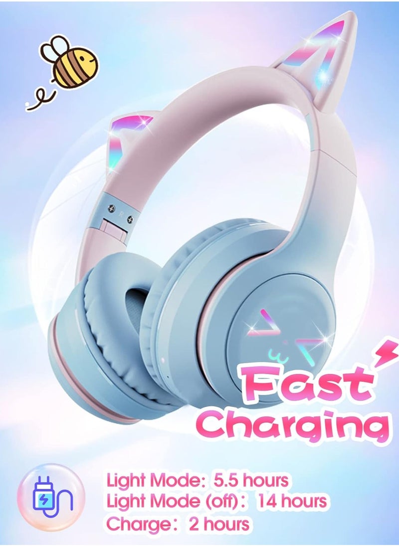 Cat Ear Headphones, Kids Bluetooth Headphone with Microphone, Foldable in your travel bag Comfortable and Adjustable Wireless/Wire Over Ear Headset for Girls and boys Teenagers (BLUE)