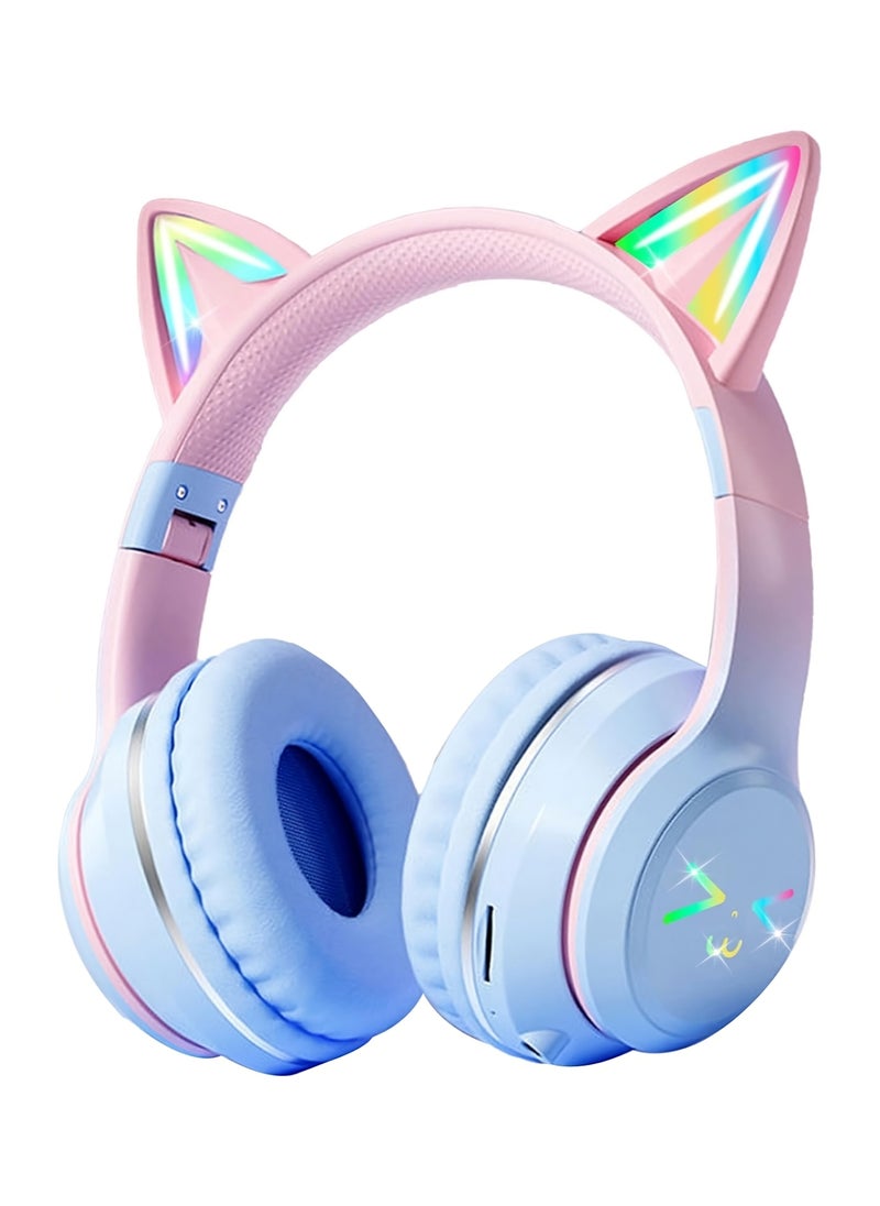 Cat Ear Headphones, Kids Bluetooth Headphone with Microphone, Foldable in your travel bag Comfortable and Adjustable Wireless/Wire Over Ear Headset for Girls and boys Teenagers (BLUE)