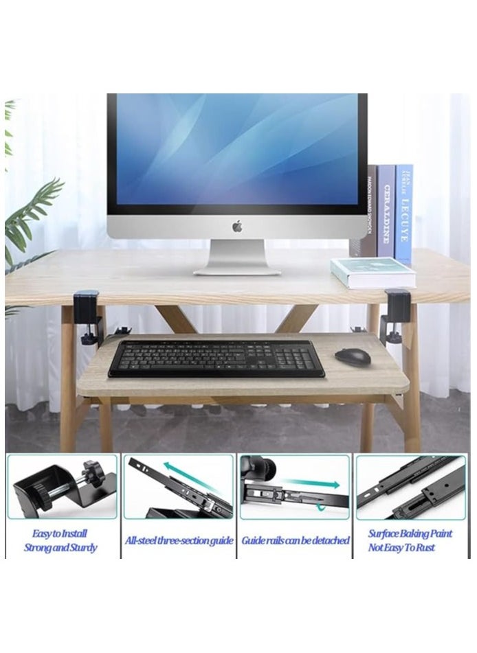 Keyboard Clamp Rail Under Desk Set, Keyboard Trays Clamp Rail, Pull Out Keyboard & Mouse Tray with C Clamp (Board not Included), Under Desk Pull Out Slider Track, for Home or Office