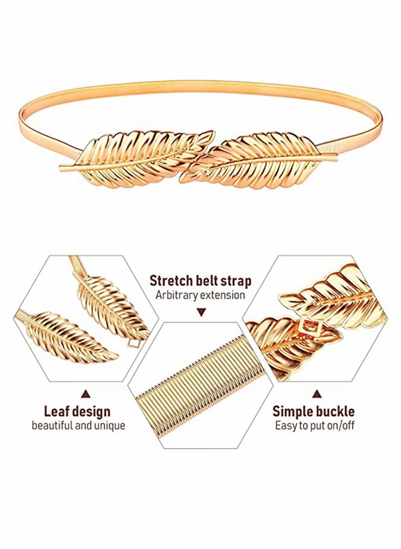 Fashionable Women’s Metal Chain Leaves Belt, Adjustable Skinny Elastic Waistband with Interlock Buckle for Dresses, Jeans, Skirts & Pants, 2 Pieces in Silver & Gold