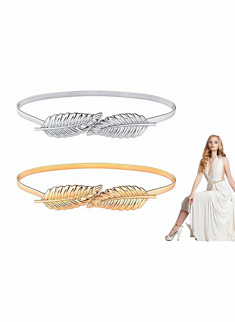Fashionable Women’s Metal Chain Leaves Belt, Adjustable Skinny Elastic Waistband with Interlock Buckle for Dresses, Jeans, Skirts & Pants, 2 Pieces in Silver & Gold