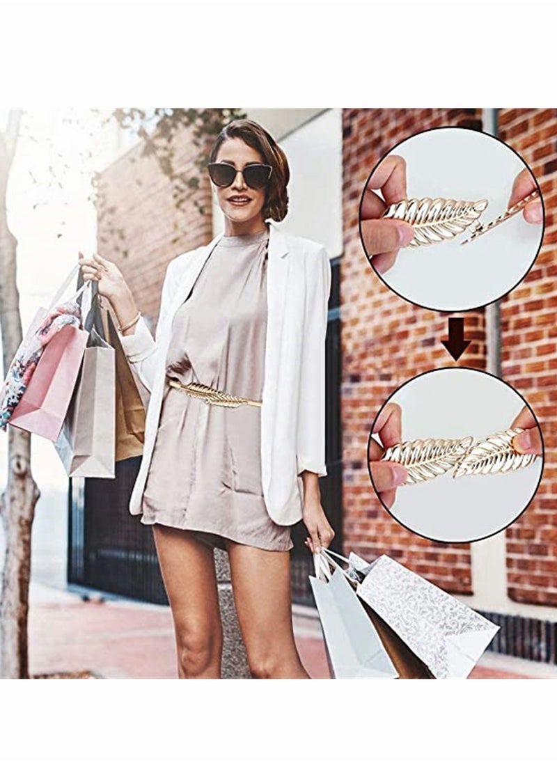Fashionable Women’s Metal Chain Leaves Belt, Adjustable Skinny Elastic Waistband with Interlock Buckle for Dresses, Jeans, Skirts & Pants, 2 Pieces in Silver & Gold