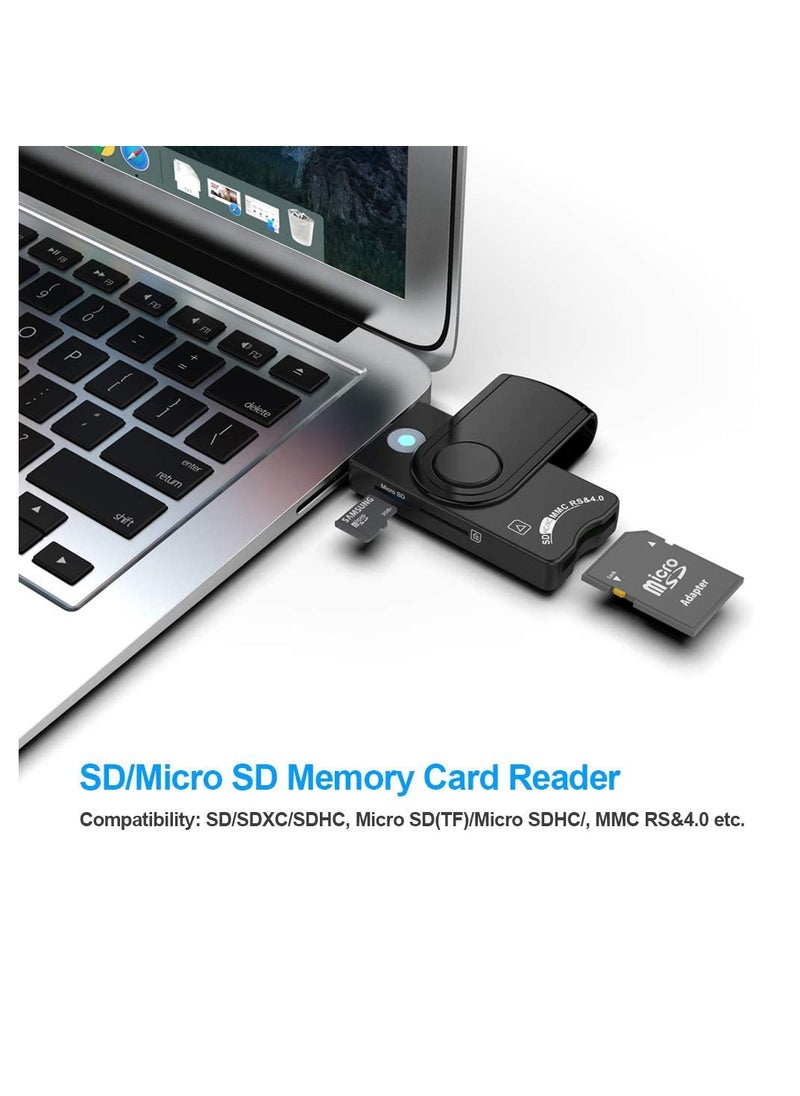 4-in-1 Portable Smart Card Reader - USB2.0 Compatible with CAC/DOD, SD, Micro SD, SIM & MMC for Windows, Mac & Linux