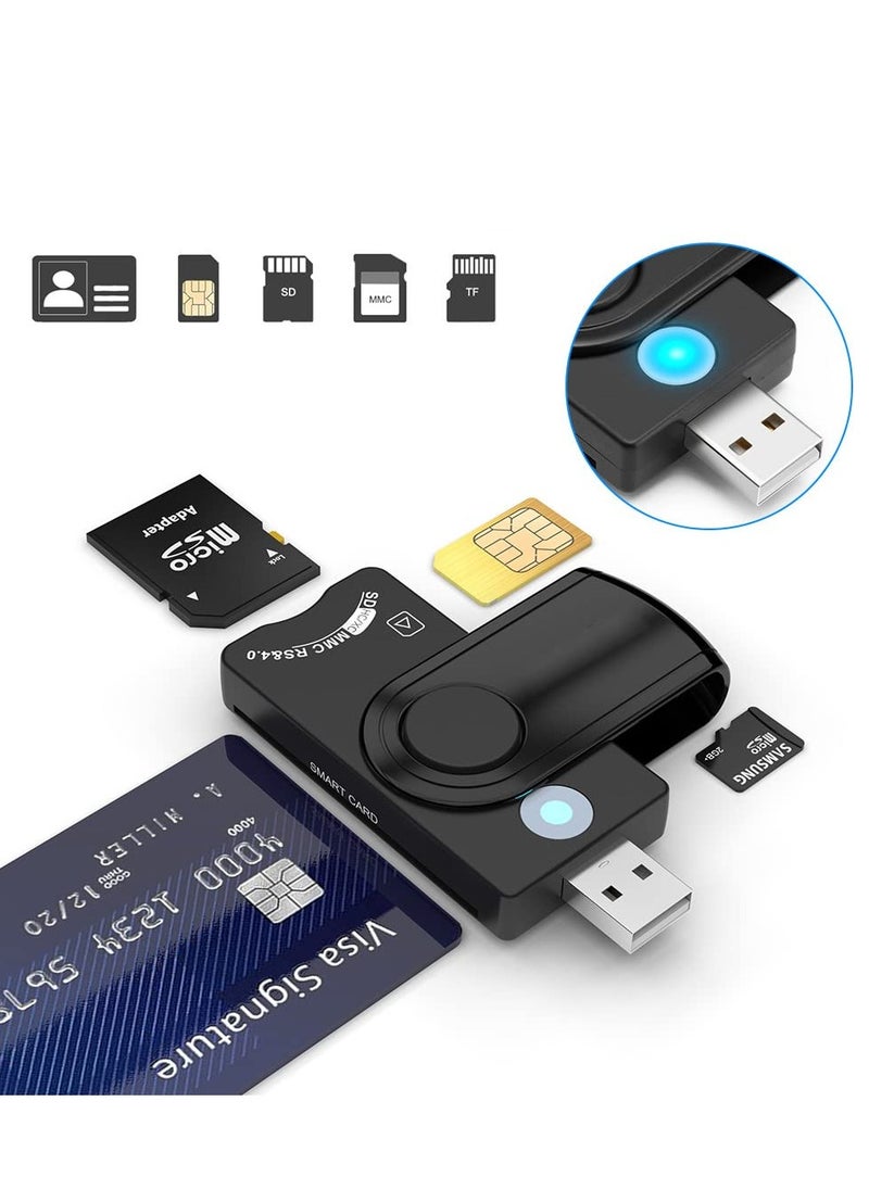 4-in-1 Portable Smart Card Reader - USB2.0 Compatible with CAC/DOD, SD, Micro SD, SIM & MMC for Windows, Mac & Linux