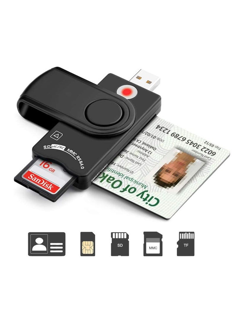 4-in-1 Portable Smart Card Reader - USB2.0 Compatible with CAC/DOD, SD, Micro SD, SIM & MMC for Windows, Mac & Linux