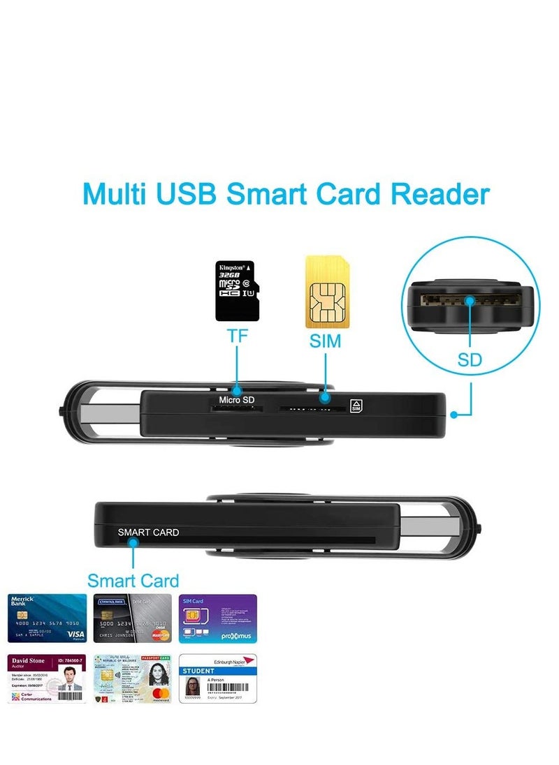 4-in-1 Portable Smart Card Reader - USB2.0 Compatible with CAC/DOD, SD, Micro SD, SIM & MMC for Windows, Mac & Linux