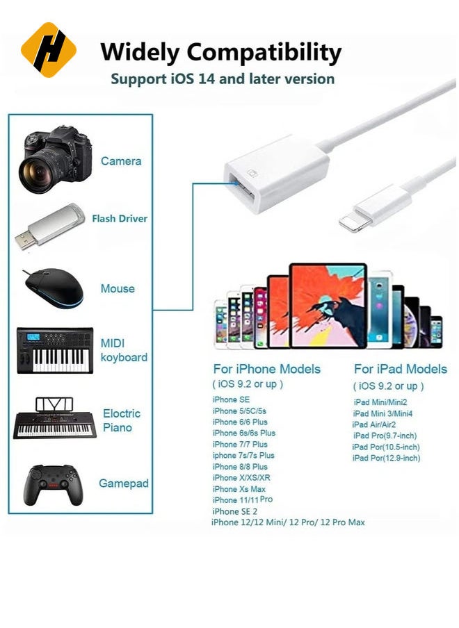 USB Camera Adapter, USB 3.0 OTG Cable for iPhone/iPad to Connect Card Reader, USB Flash Drive, U Disk, Keyboard, Mouse, Hubs, MIDI, Plug & Play