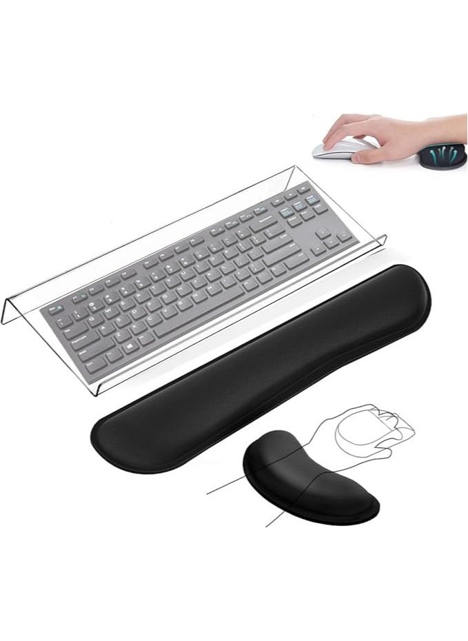 Clear Computer Keyboard Stand for Desk with Mouse and Keyboard Wrist Rest Pad, 3 PCS Acrylic Ergonomic Keyboard Holder Set for Working, Keyboard Riser with Rubber Strip for Home,Office,School-17.7”x6”