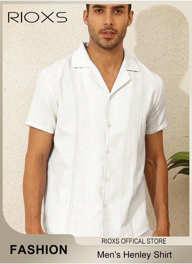 Men's Shirts, Button-Up Short Sleeve Top, Solid Color V-Neck Henley Shirts, Summer Loose Shirt, Casual Beach Shirts For Men, Comfy Mens Dress Shirts Tops For Hawaiian Office Or Daily Wear