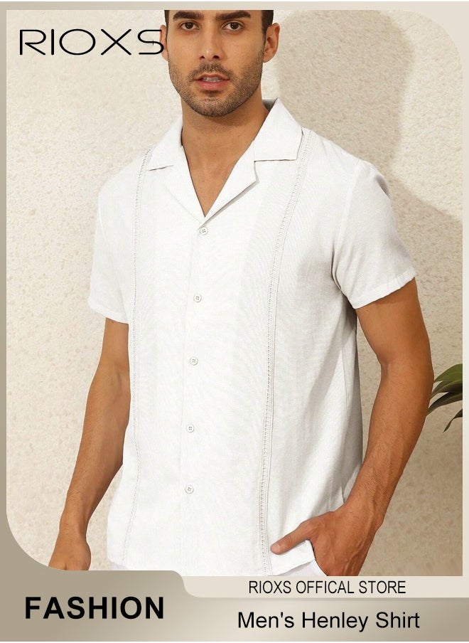 Men's Shirts, Button-Up Short Sleeve Top, Solid Color V-Neck Henley Shirts, Summer Loose Shirt, Casual Beach Shirts For Men, Comfy Mens Dress Shirts Tops For Hawaiian Office Or Daily Wear