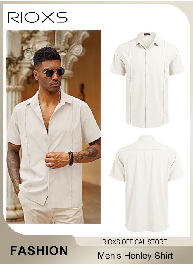 Men's Shirts, Button-Up Short Sleeve Top, Solid Color V-Neck Henley Shirts, Summer Loose Shirt, Casual Beach Shirts For Men, Comfy Mens Dress Shirts Tops For Hawaiian Office Or Daily Wear