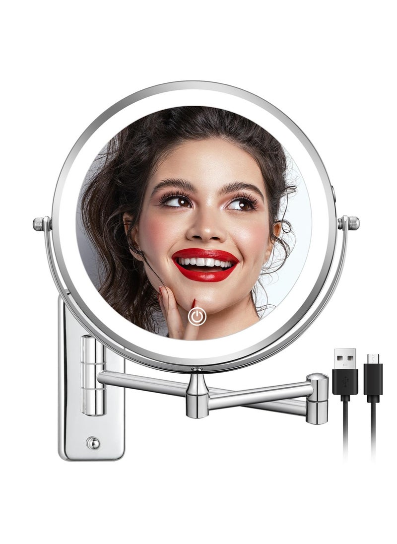 LED Lighted Makeup Mirror Wall Mount Vanity Mirror 1x/10x Double-Side Magnification Adjustable 3 Light Modes 7