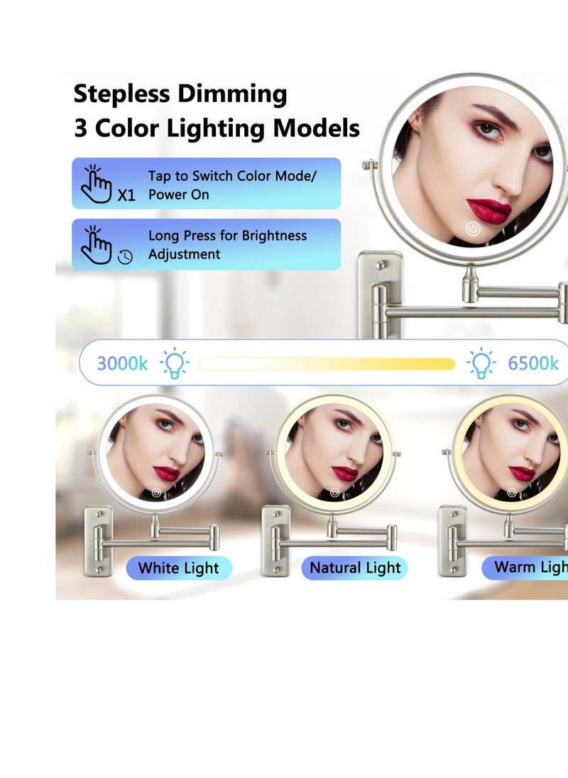 LED Lighted Makeup Mirror Wall Mount Vanity Mirror 1x/10x Double-Side Magnification Adjustable 3 Light Modes 7