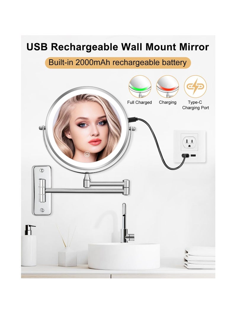 LED Lighted Makeup Mirror Wall Mount Vanity Mirror 1x/10x Double-Side Magnification Adjustable 3 Light Modes 7