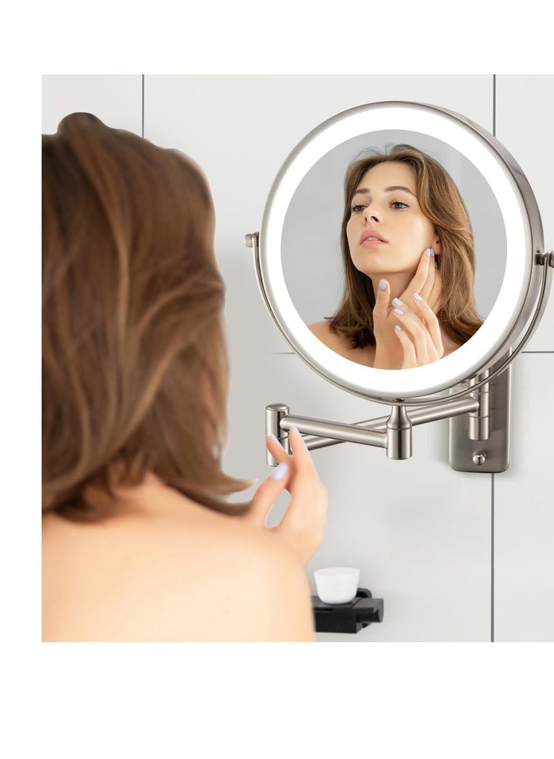 LED Lighted Makeup Mirror Wall Mount Vanity Mirror 1x/10x Double-Side Magnification Adjustable 3 Light Modes 7