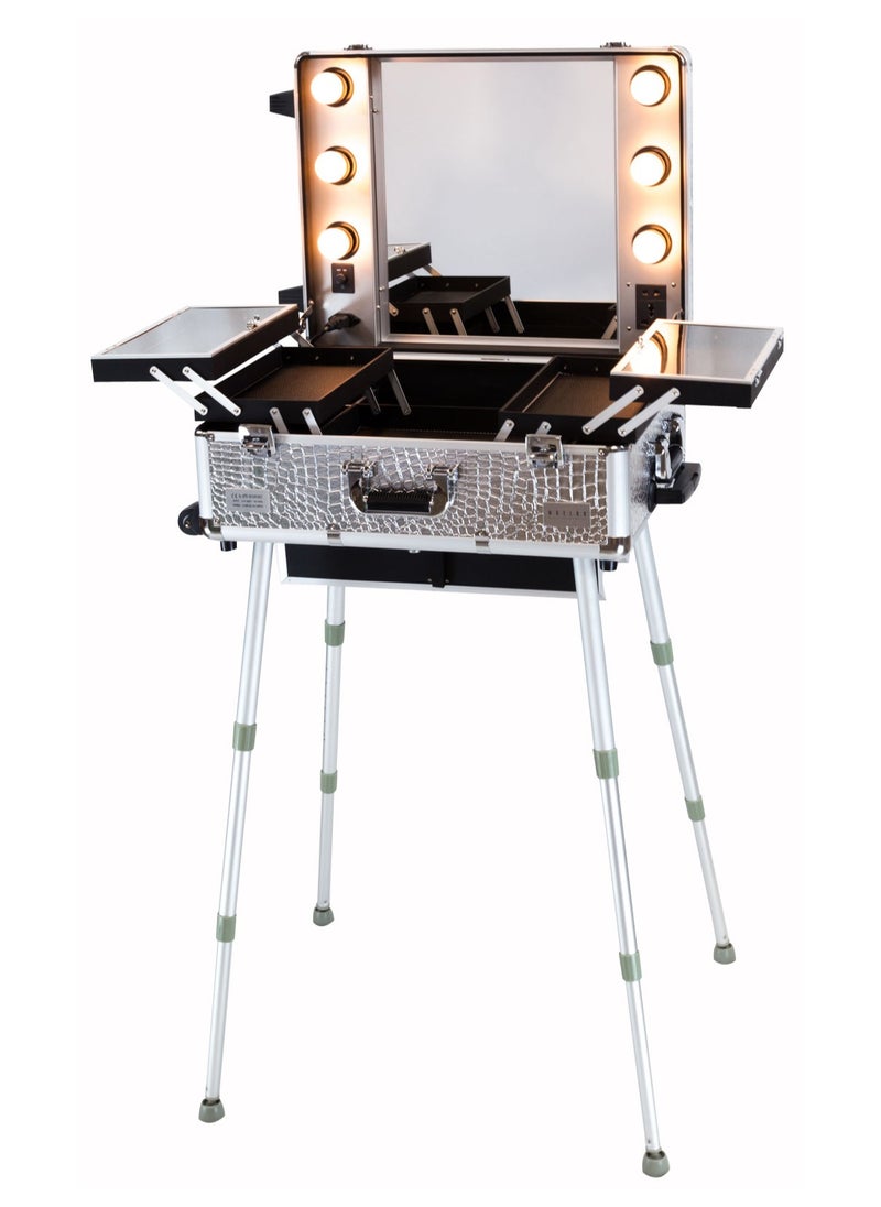 Makeup Train Stand Case With Pro Studio Artist Trolley And Lights, Silver  Medium