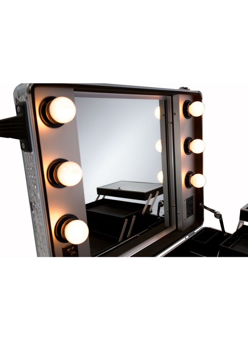 Makeup Train Stand Case With Pro Studio Artist Trolley And Lights, Silver  Medium