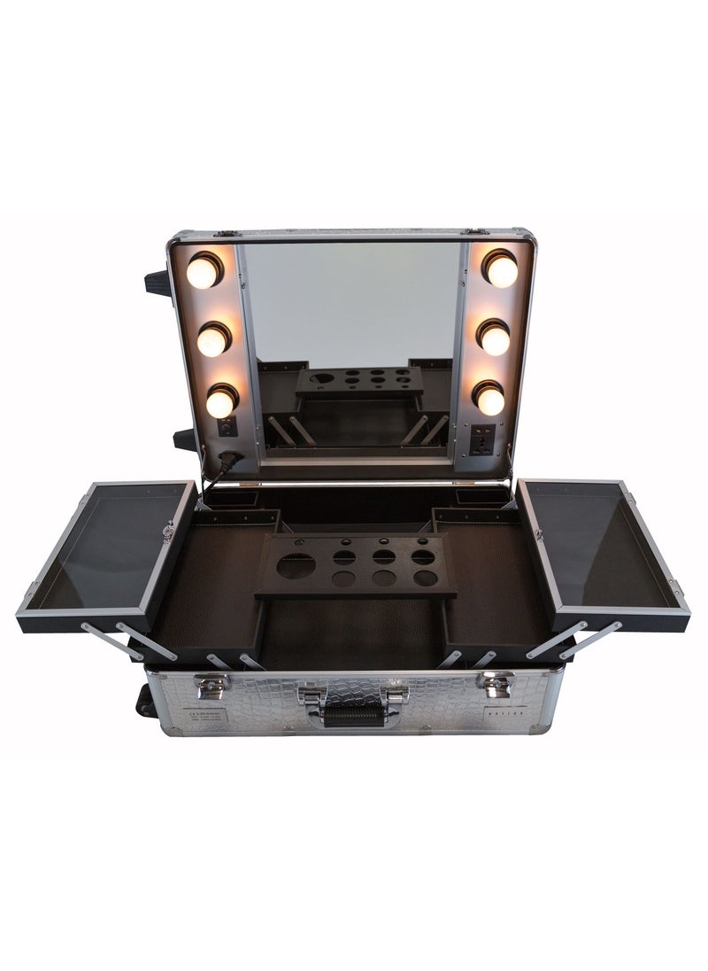 Makeup Train Stand Case With Pro Studio Artist Trolley And Lights, Silver  Medium