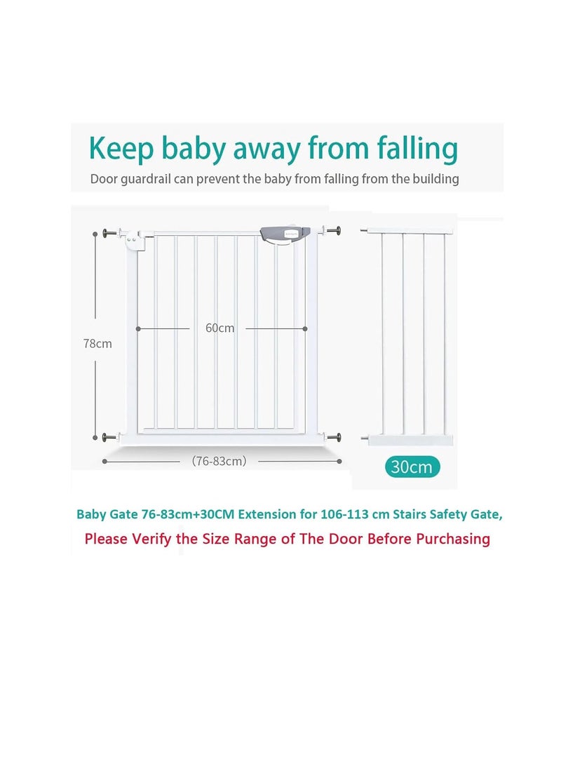 Auto Close Safety Baby Gate, Extra Wide 76-83cm Pressure Mounted Walk Through Swing, Safety Metal, Isolate pet cats and dogs, Can be paired with an expansion rack, suit for Stairs,Doorways (76-83cm+30cm)