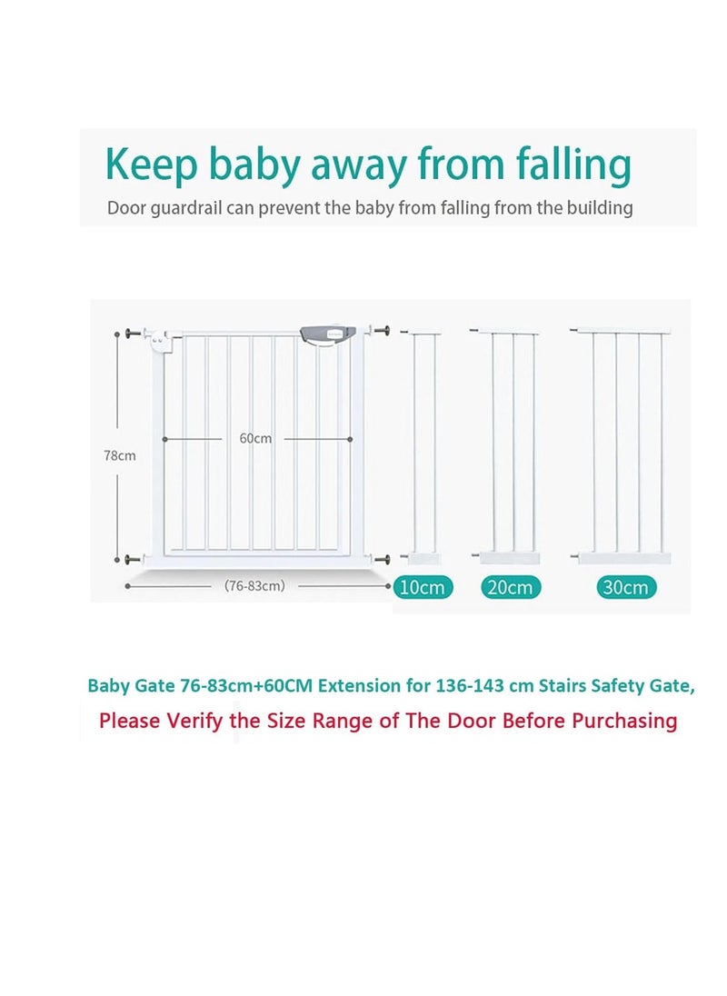 Auto Close Safety Baby Gate, Extra Wide 76-83cm Pressure Mounted Walk Through Swing, Safety Metal, Isolate pet cats and dogs, Can be paired with an expansion rack, suit for Stairs,Doorways (76-83cm+60cm)