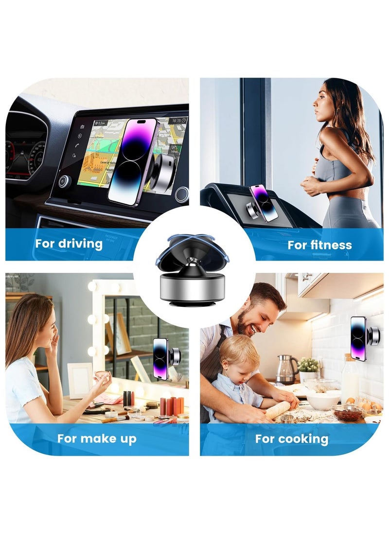 Necomi Vacuum Magnetic Phone Holder, a 360 ° Rotating Magnetic Car Mounted Double-Sided Phone Holder, Suitable for Driving, Makeup, Fitness,Compatible with Metal, Glass Surfaces, Walls (Silvery)