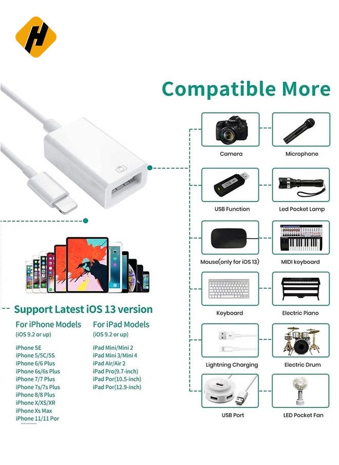 [Apple MFi Certified] Lightning to USB Camera Adapter for iPhone iPad, USB 3.0 OTG Data Sync Cable Adapter Compatible with iPhone 12 11 XS XR X 8 7 iPad to Card Reader Keyboard Mouse USB Flash Drive