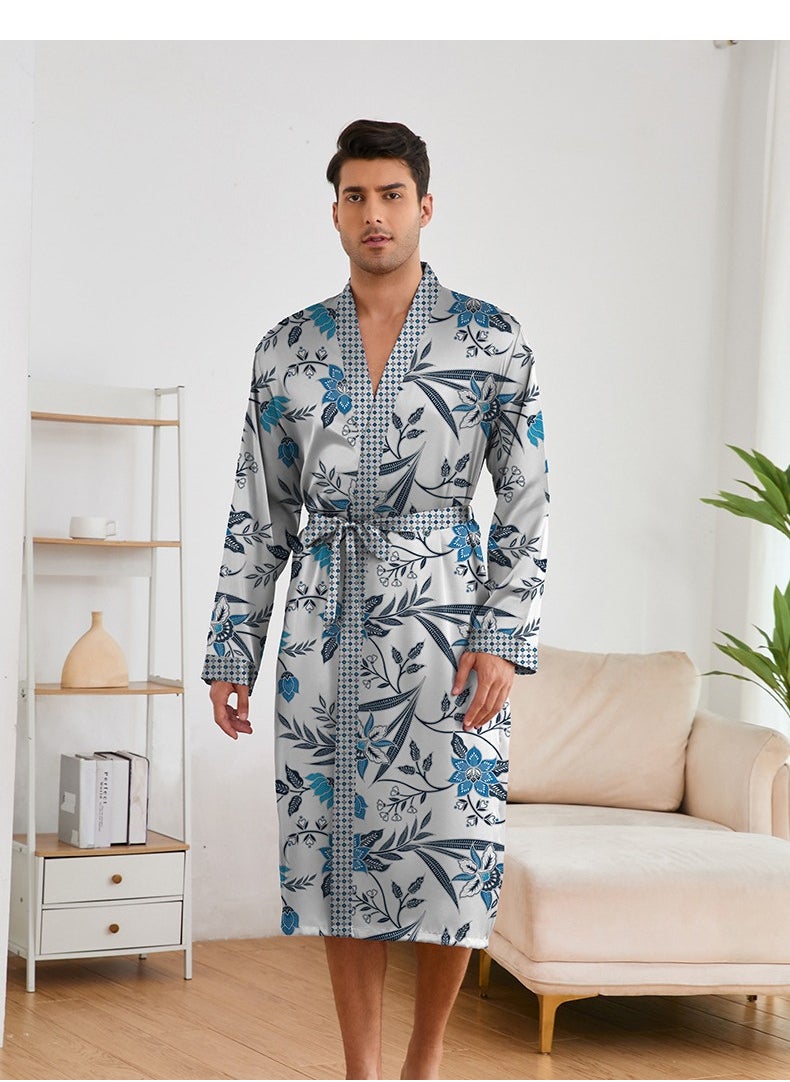 Printed Men's Nightgown Long Sleeved Shorts Set Long Robe Bathrobe Home Suit Set