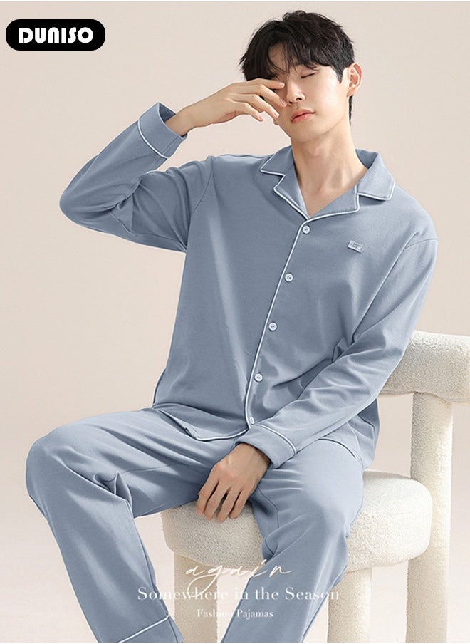 Men's Pyjama Set,Cotton Two-Piece Long Sleeve Pure Color Pyjamas,Men with Buttons Sleepwear Set,Men's V-Neck Loungewear Sleepwear for Winter