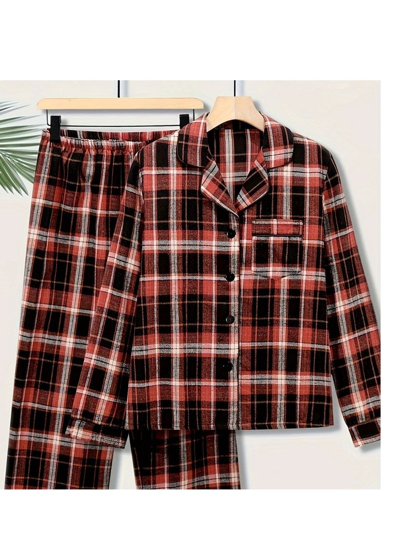 Large Men's Long Sleeved Checkered Pajamas Set