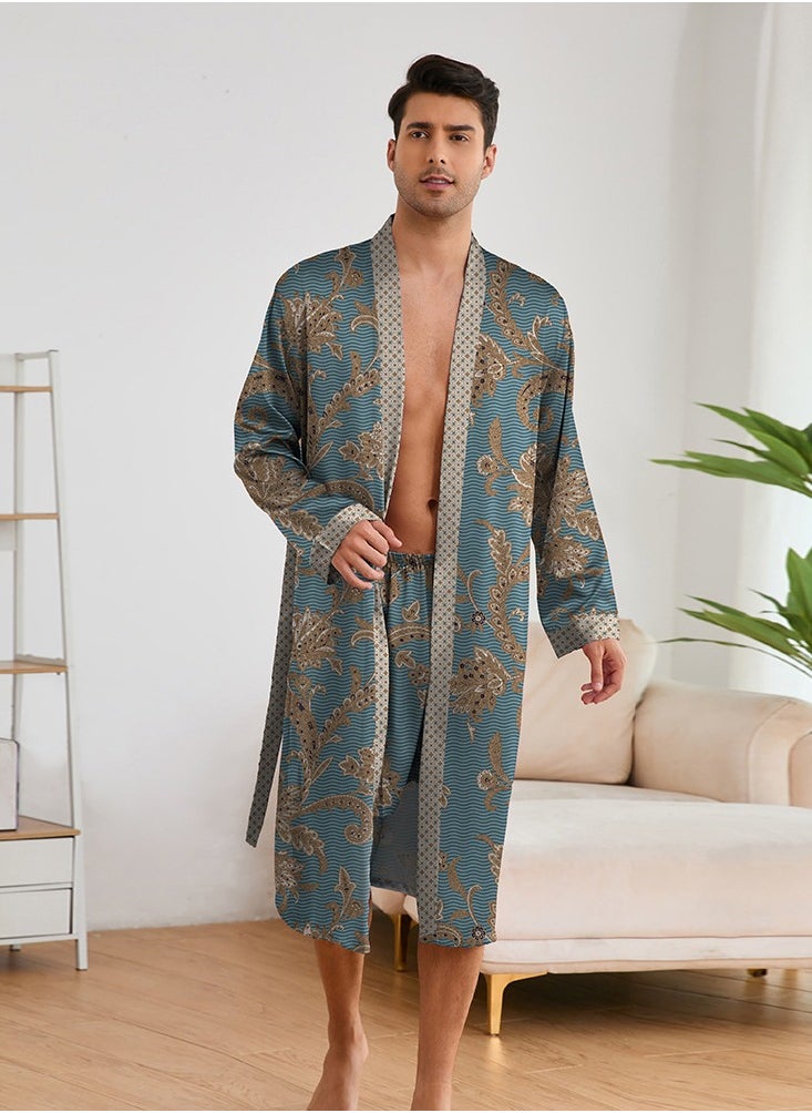 Printed Men's Nightgown Long Sleeved Shorts Set Long Robe Bathrobe Home Suit Set