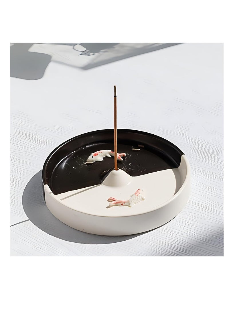 Modern Minimalist Circular Incense Holder for Sticks and Cones, Handmade Ceramic Ash Catcher in Black and White, Perfect for Home Decor