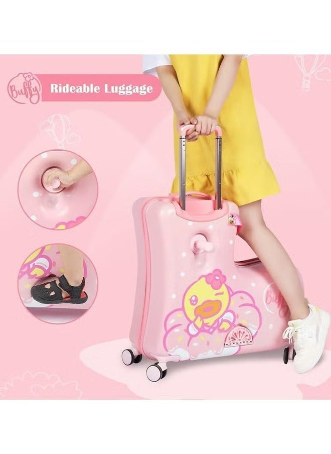 Children Riding Suitcases,Hard-Sided Travel Roller Trolleys,Buffy Duck Pink