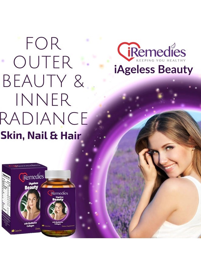 iRemedies iAgeless Beauty with Bio Marine Collagen Extract, L-Glutathione, Biotin & More – 60 Capsules Dietary Supplement for Healthy Skin, Hair, and Nails