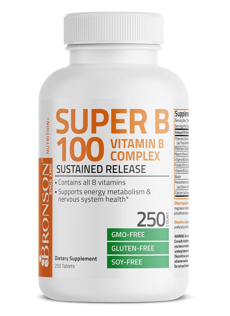 Vitamin B 100 Complex High Potency Sustained Release Vitamin B1 B2 B3 B6 B9 Folic Acid B12 250 Tablets