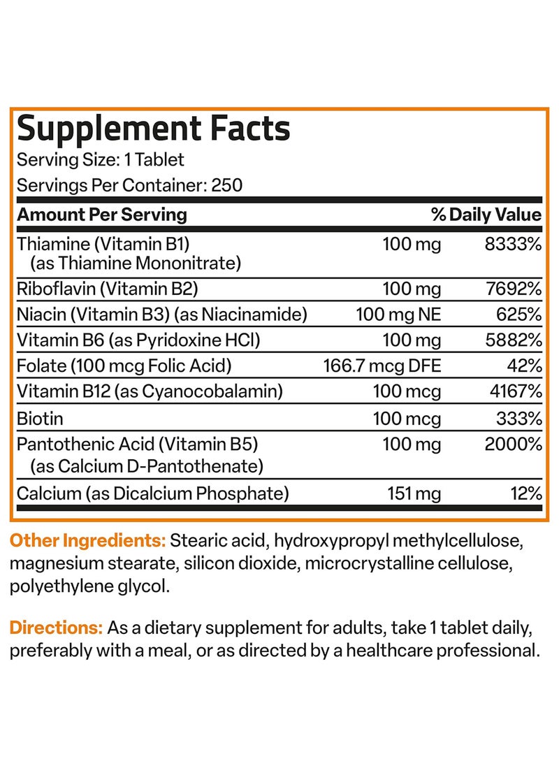 Vitamin B 100 Complex High Potency Sustained Release Vitamin B1 B2 B3 B6 B9 Folic Acid B12 250 Tablets